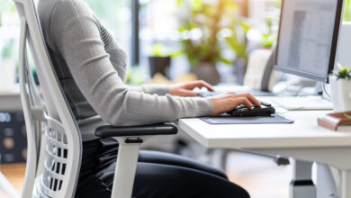 workplace ergonomics; desk chair, desk