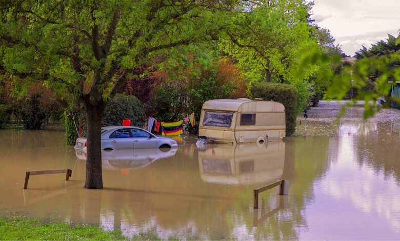 RV parked in front of trees