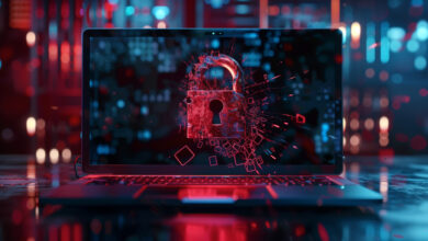 A digital system display with a red padlock over a laptop to demonstrate data breach protection