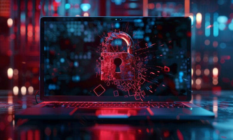 A digital system display with a red padlock over a laptop to demonstrate data breach protection