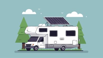 Illustration of a solar-powered RV parked in a scenic forest setting, highlighting sustainable travel and outdoor adventure.