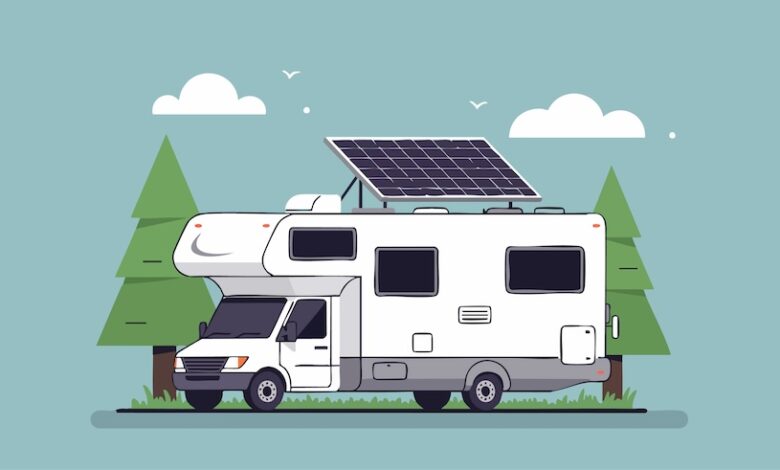 3 Things People Get Wrong About RV Power Solutions 2 Illustration of a solar-powered RV parked in a scenic forest setting, highlighting sustainable travel and outdoor adventure.