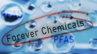 Water drops with PFAS text and Forever Chemicals circled in red -- water contamination concept
