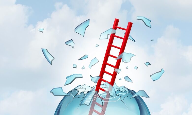 Empowering Future Leaders: How Passion & Integrity Break Barriers 3 Breaking Glass Ceilings as a ladder of success breaking through an invisible barrier as a symbol of achieving higher career goals or becoming a leader.