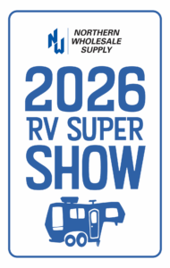 Blue text on a white background with the Northern Wholesale Supply logo and the logo for the 2026 RV Super Show.