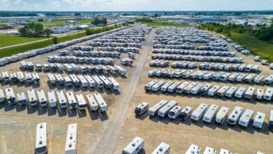 An aerial view of large RV and camper storage lot.