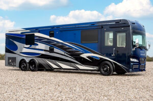 Blue, black and gray motorhome pictured as an example of Allstar Coaches' offerings.