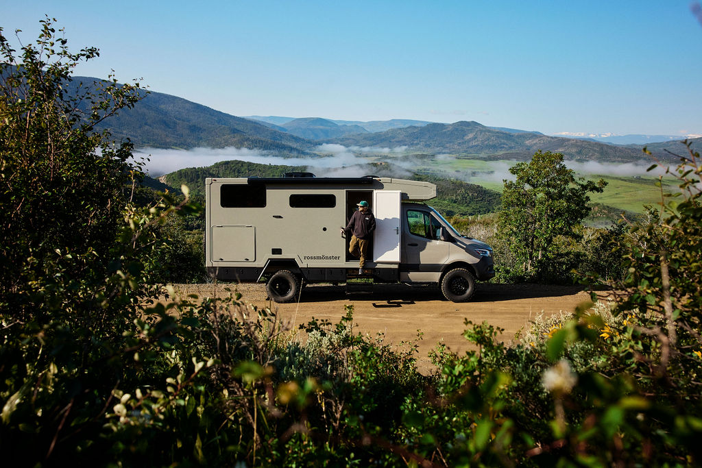 A photo of one of Rossmönster's RVs off-grid, demonstrating its overlanding readiness.