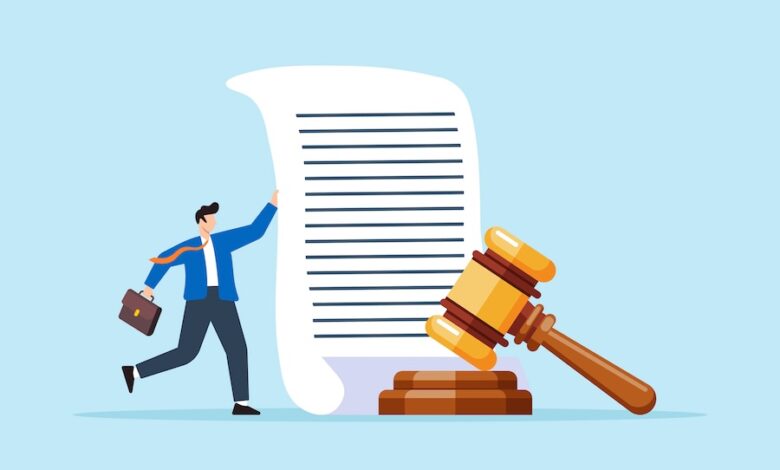 An illustration of a lawyer holding a legal document with a gavel next to it.