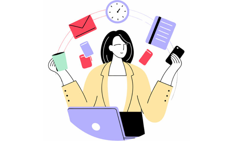 An illustrated image of a businesswoman multitasking, juggling documents, time, coffee, emails, etc.