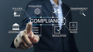 Compliance infographic created by a businessman on the dark background.
