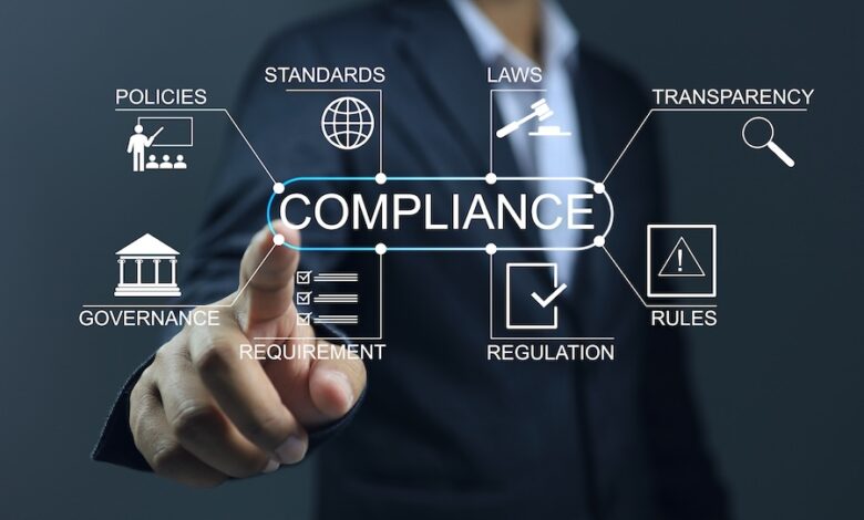 Compliance infographic created by a businessman on the dark background.