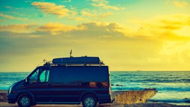 Camper van RV at sunrise on a coastline, demonstrating solar power needs for RVers