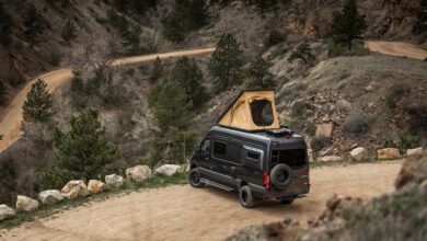 A photo of Rossmönster's Class B Skye van overlooking a forest and dirt road.