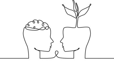 An outline of two people in profile looking at one another, the left with their brain exposed and the right with a plant growing out of their head to demonstrate rewiring your brain.