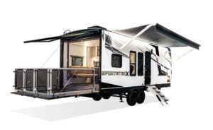 Model Year 2026 Preview: Crossroads RV & KZ RV 4 2026 KZ RV Sportster X 22X Travel Trailer Toy Hauler Exterior Rear Patio e1755117140323
