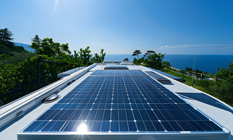 An RV rooftop with solar panels to illustrate Trek Systems' beginnings in RV solar.
