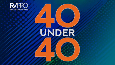 RV PRO 40 Under 40 logo on a diagonal striped blue-green background illustrating RV PRO's annual 40 Under 40 program.