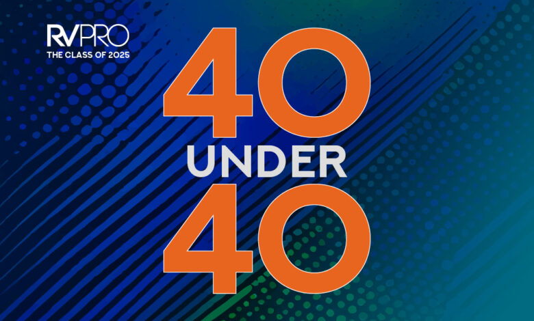 RV PRO’s 40 Under 40 Class of 2025 1 RV PRO 40 Under 40 logo on a diagonal striped blue-green background illustrating RV PRO's annual 40 Under 40 program.