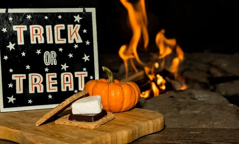 Halloween Spook-tacular: Seasonal Tips for RV Dealerships 2 Campfire Smores prepared for Halloween with a Trick or Treat sign to illustrate preparing customers for Halloween at your RV dealership