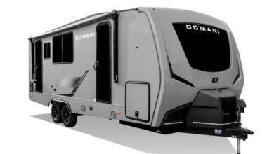 Best New Models 2026: KZ RV Domani 8 2026 KZ RV Domani DM241ML Travel Trailer Exterior Front 3 4 Door