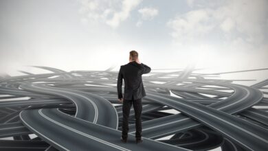Stay on Course: 8 Leadership Steps for Uncertain Times 5 A businessman facing many winding roads, illustrating the difficulty of making leadership decisions during a crisis.