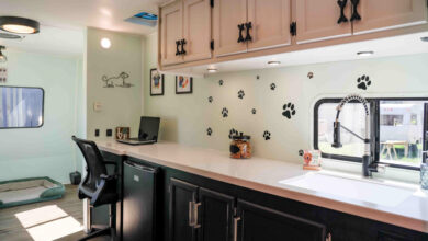 RV Renovators Create a Mobile Dog Rescue Haven & Work-From-Home Space 13 DIYRain2shine complete of WWdogcounteranddesk
