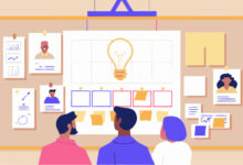 Team brainstorming session with idea generation and project planning on a bulletin board