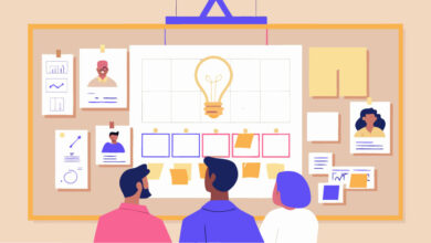 Team brainstorming session with idea generation and project planning on a bulletin board