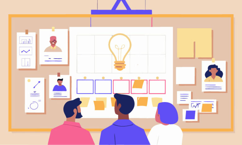 Team brainstorming session with idea generation and project planning on a bulletin board