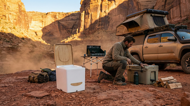 CompoCloset’s urine-diverting dry flush sealing toilet sitting next to a truck camper to illustrate RV fresh water and sanitation products and technologies.
