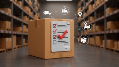 A box that's sitting on the floor of a warehouse with a bulleted list on the front with check marks and a large red check mark in the middle, illustrating RV dealership inventory management.