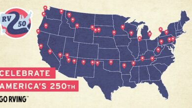 Go RVing’s RV-2-50 Initiative Positions RVing at the Center of America’s 250th Celebration 7 A map of the United States, with red points throughout demonstrating points on the RV-2-50 campaign.