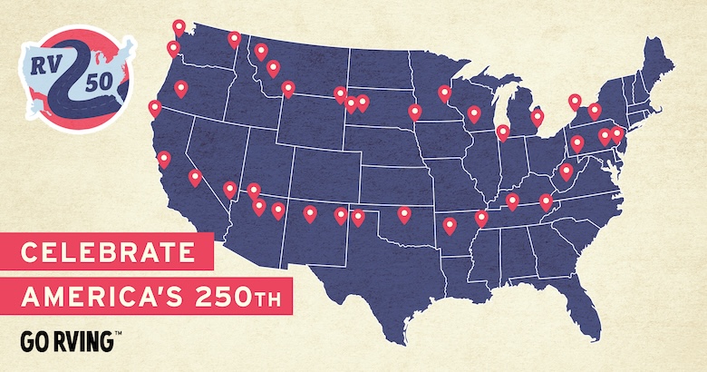 A map of the United States, with red points throughout demonstrating points on the RV-2-50 campaign.