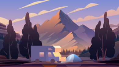 A graphic of an RV and tent campsite with surrounded by trees with mountains in the background, to illustrate the RV industry.