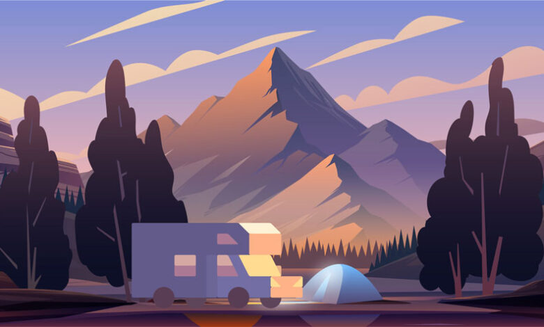 A graphic of an RV and tent campsite with surrounded by trees with mountains in the background, to illustrate the RV industry.