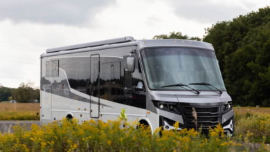 An image of Entegra's Embark EV RV in a field