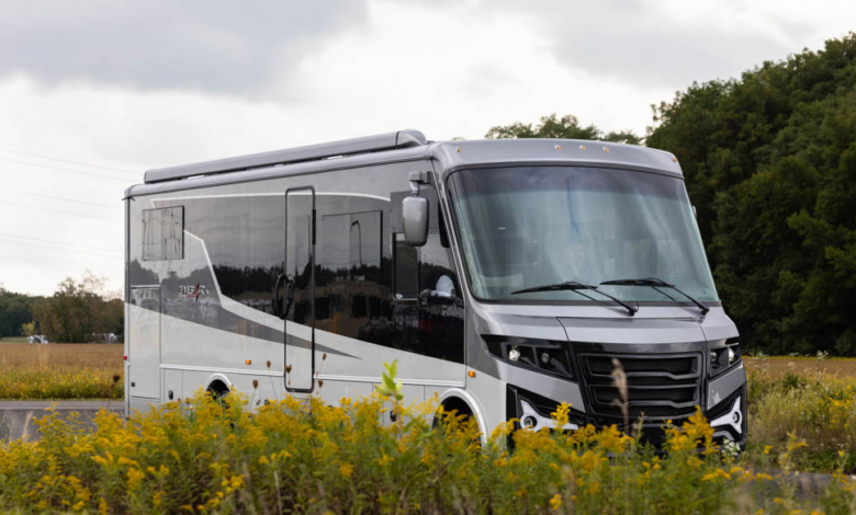 An image of Entegra's Embark EV RV in a field