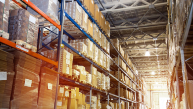 Interior of a warehouse, to illustrate an RV dealership storage area.