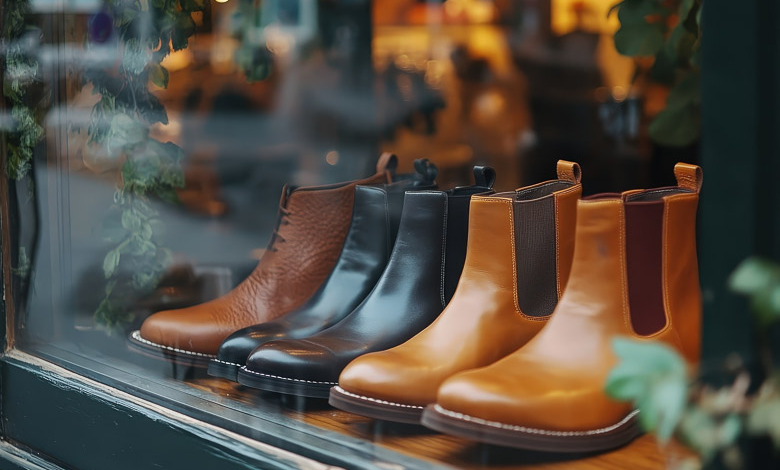 A row of stylish leather boots on display in a store window to illustrate the idea of merchandising to upscale customers.