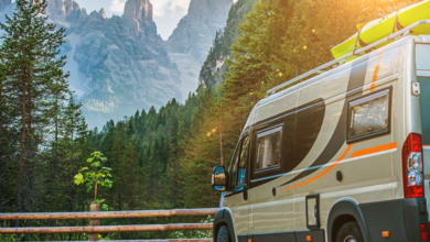 Class B motorhome trip in European Alps. Scenic mountain camping