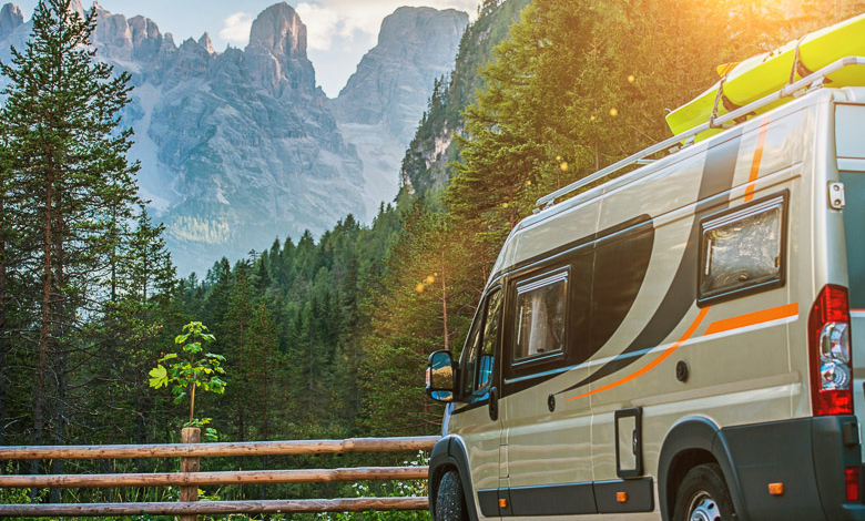 Class B motorhome trip in European Alps. Scenic mountain camping