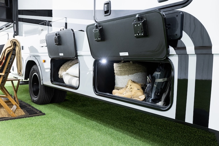 Grand Design Reveals New Lineage Series E 5 30DC Exterior Proped Storage Hero 1
